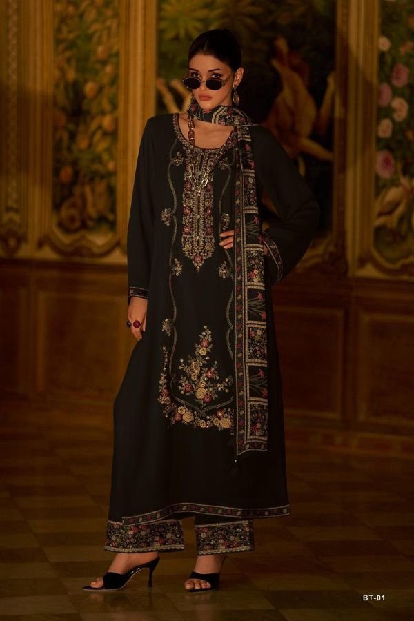 Varsha Fashion Black Lotus Pashmina 2Pcs Suit Winter Set