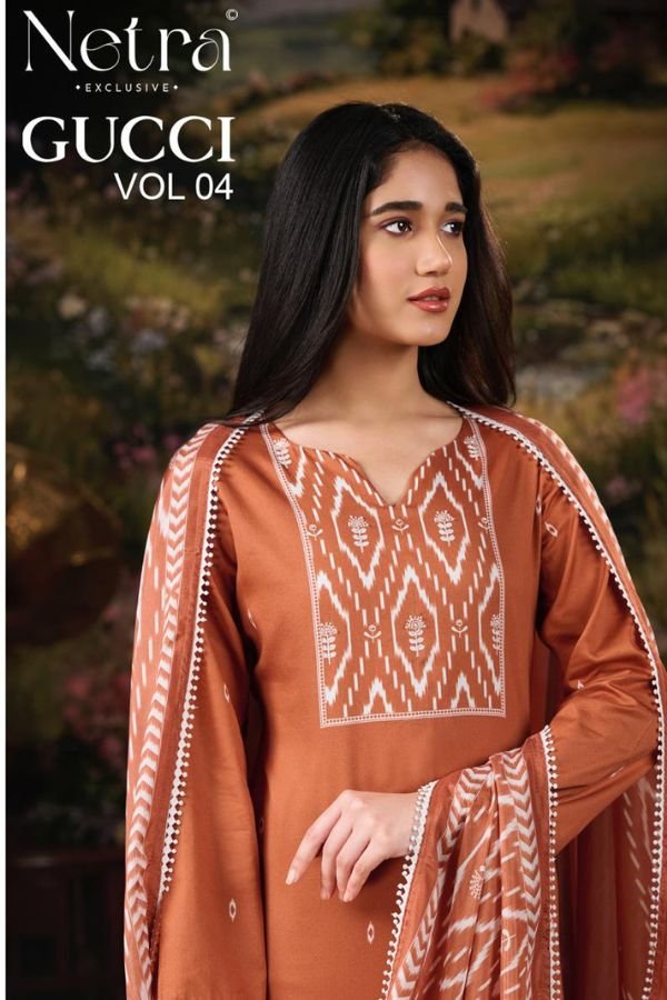 Netra Exclusive Gucci 04 Cotton Satin 6 Pcs Suit Catalog